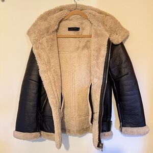Zara✨Black Vegan Leather Shearling Aviator Moto Jacket